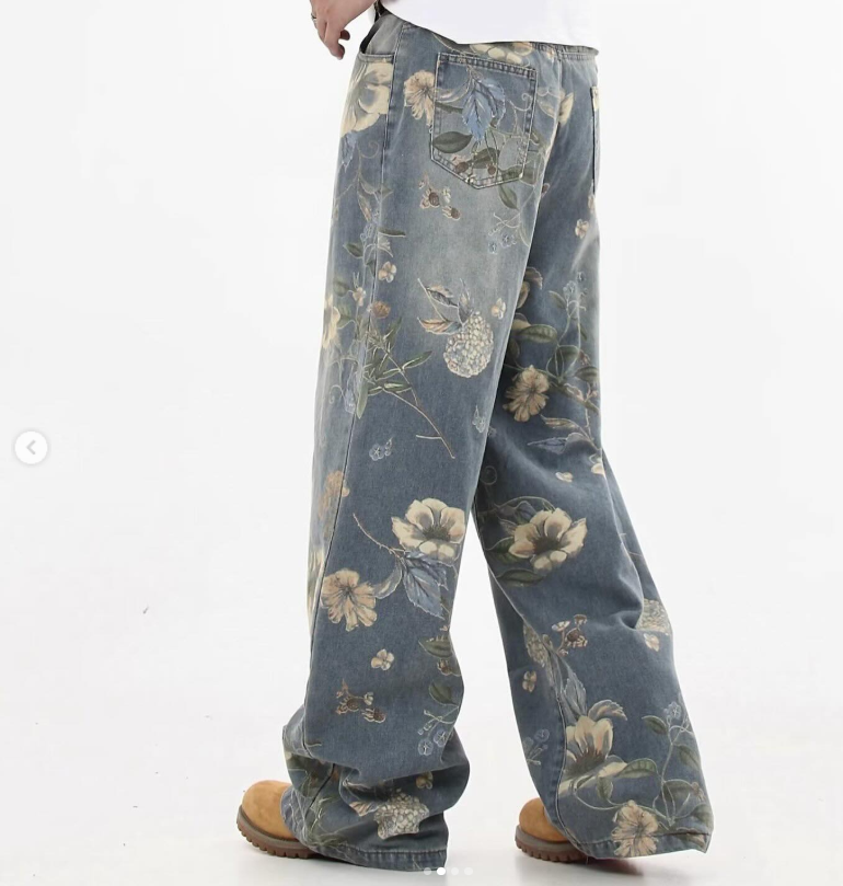 Washed Blue Flower Print Jeans