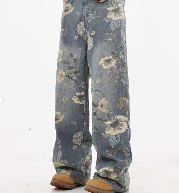 Washed Blue Flower Print Jeans