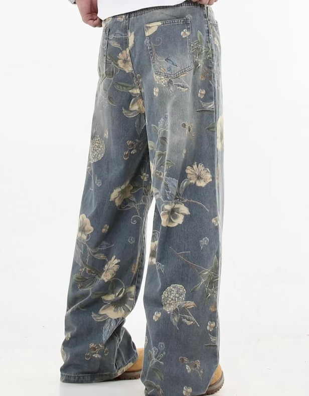 Washed Blue Flower Print Jeans