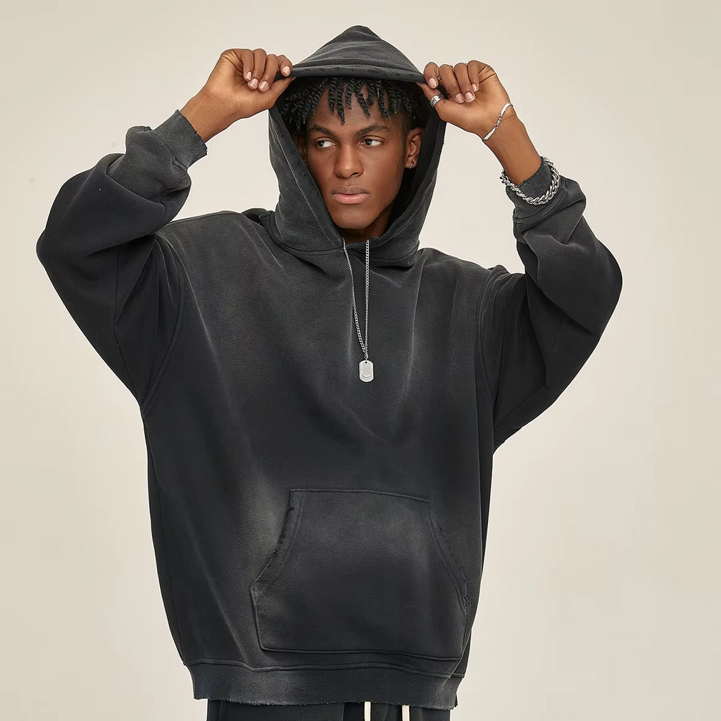 Vintage Embroidery Cropped Raw Hem Hoodie