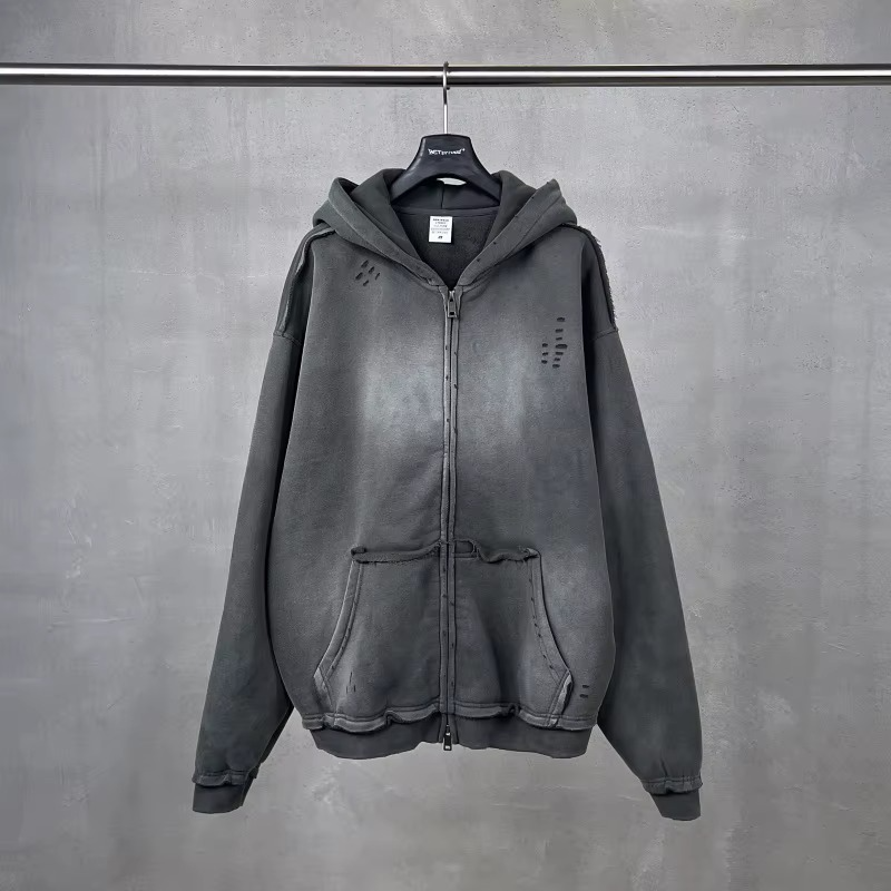 Acid Washed Hip Hop Streetwear Zipper Hoodie