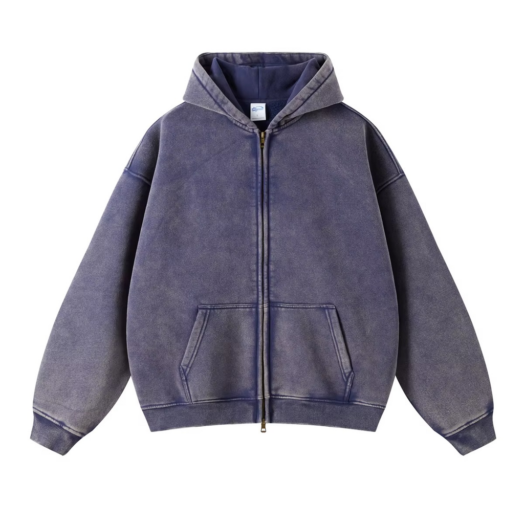 Unisex Vintage Stone Washed Oversized Zip-Up Hoodie