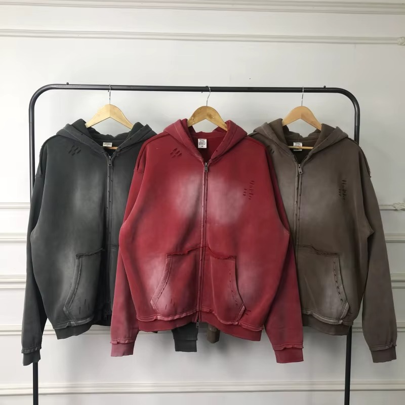 Acid Washed Hip Hop Streetwear Zipper Hoodie