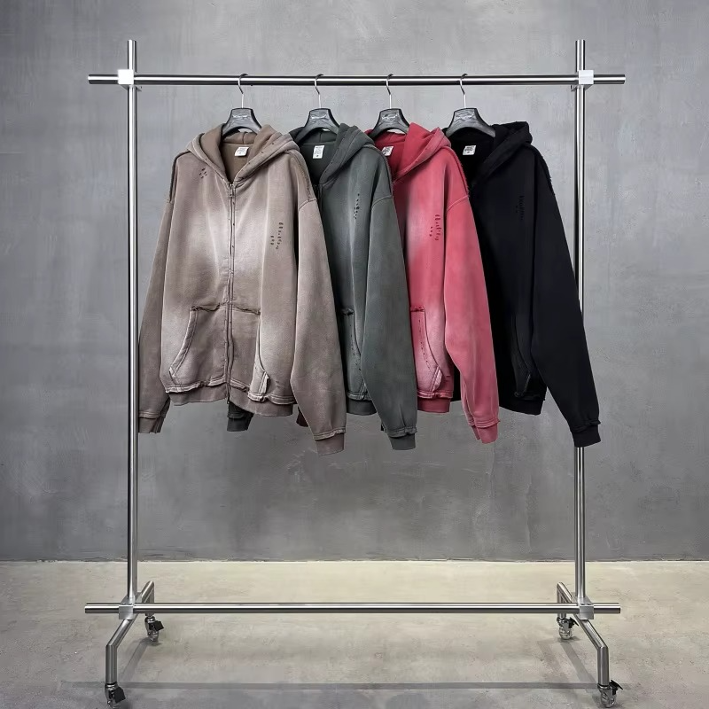 Acid Washed Hip Hop Streetwear Zipper Hoodie