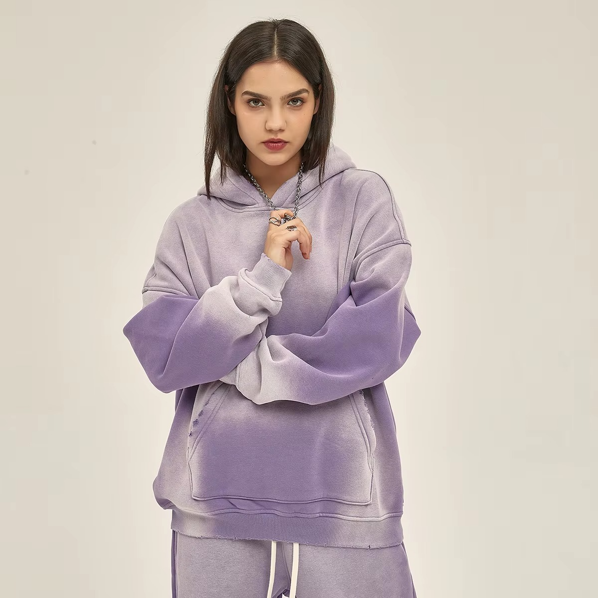 Vintage Embroidery Cropped Raw Hem Hoodie