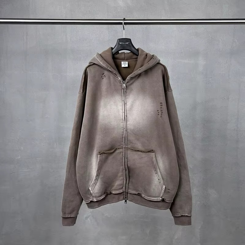 Acid Washed Hip Hop Streetwear Zipper Hoodie