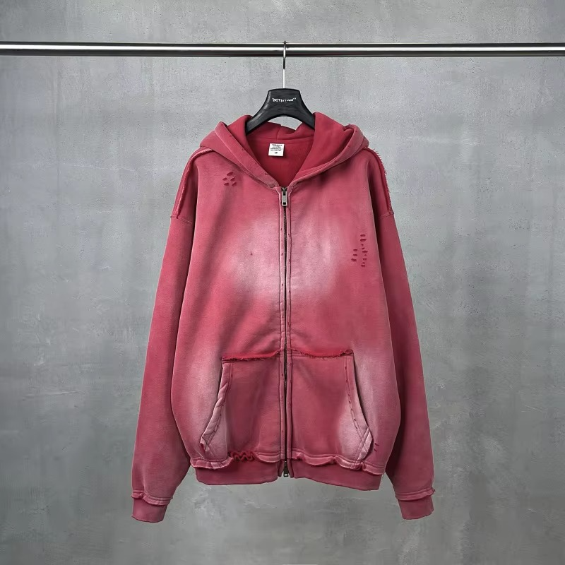 Acid Washed Hip Hop Streetwear Zipper Hoodie