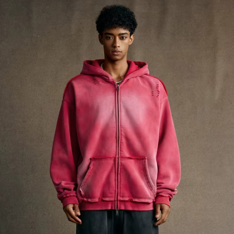 Acid Washed Hip Hop Streetwear Zipper Hoodie