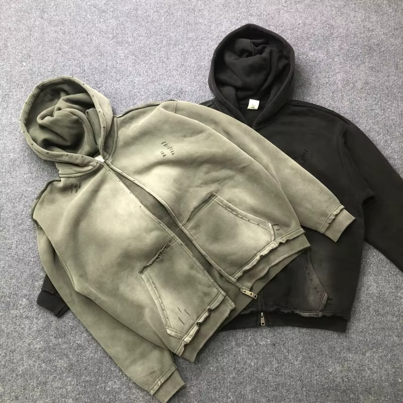 Acid Washed Hip Hop Streetwear Zipper Hoodie