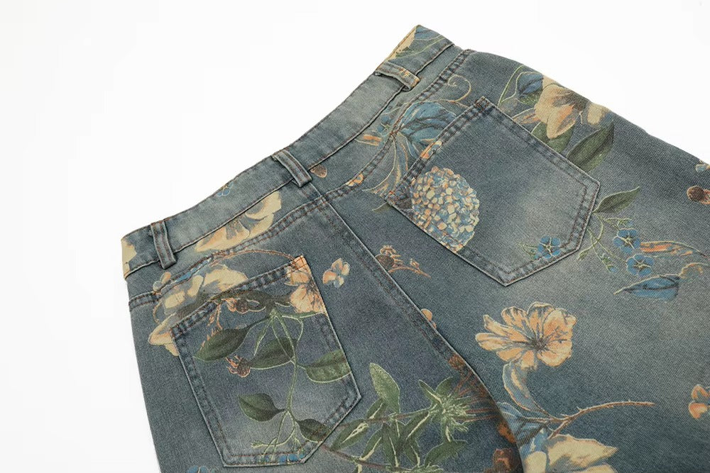 Washed Blue Flower Print Jeans