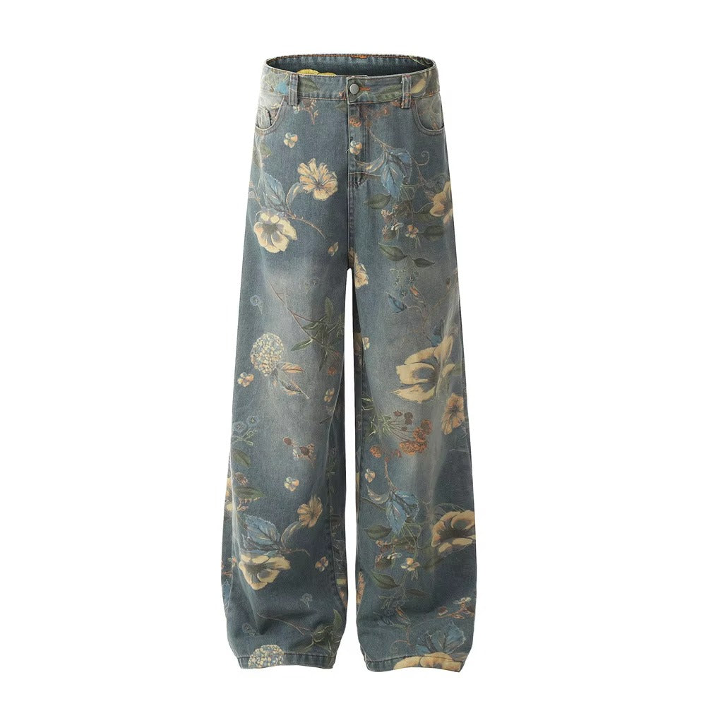 Washed Blue Flower Print Jeans