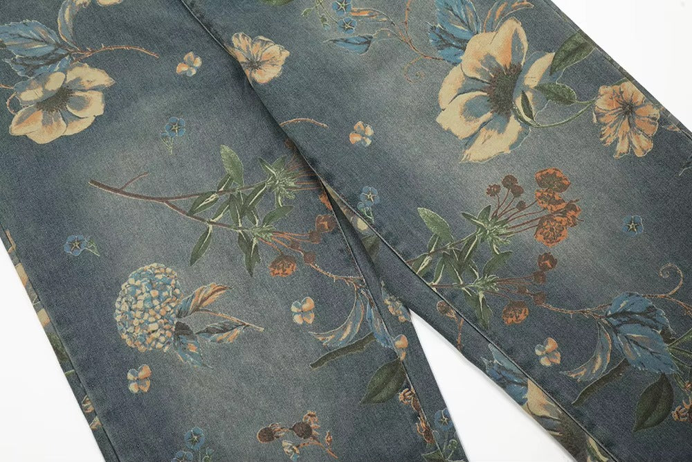 Washed Blue Flower Print Jeans