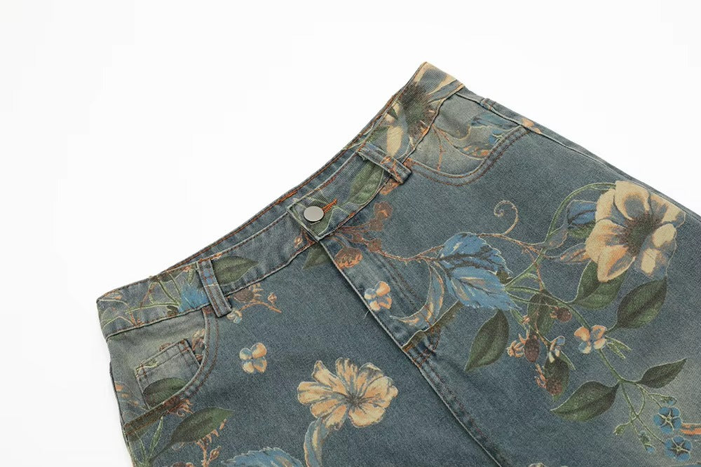 Washed Blue Flower Print Jeans